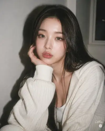 Koreanisches Blitzlicht-Homewear-Porträt mit nachdenklicher Pose