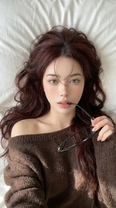 Cozy overhead selfie portrait with glasses on white bedding