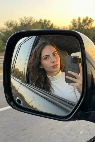 Golden-Hour-Autospiegel-Selfie-Porträt