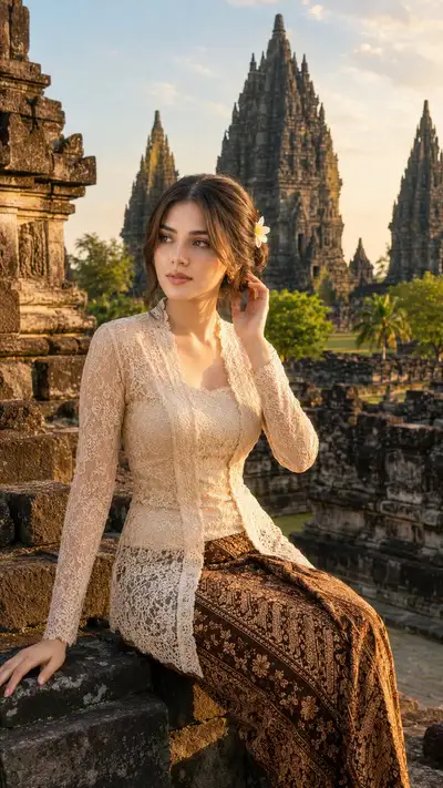 Elegant Woman at Prambanan Temple Golden Hour
