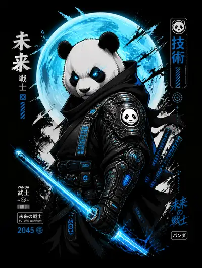 Cyber ninja panda warrior t-shirt design