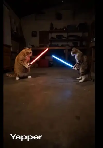 Cat Lightsaber Duel in Living Room