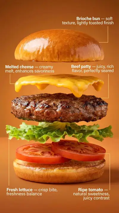 Toma comercial premium de hamburguesa con cinco capas limpias