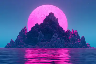 Synthwave magenta moon rocky islet landscape prompt