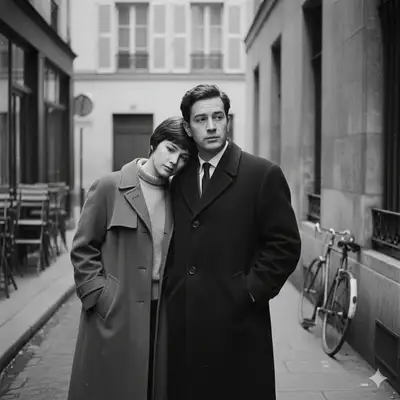 French New Wave black and white minimalist couple scene