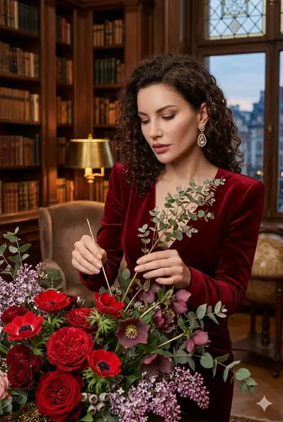 Curly-haired woman crafting bouquet in library