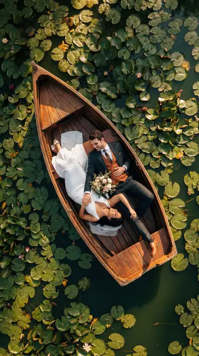 Photoreal Aerial Wedding Couple in Lily Pond Boat