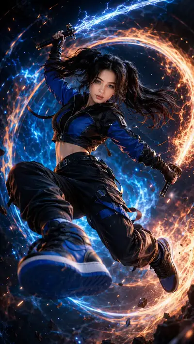 Fierce Fighter in Fiery Vortex - Cinematic Action Portrait