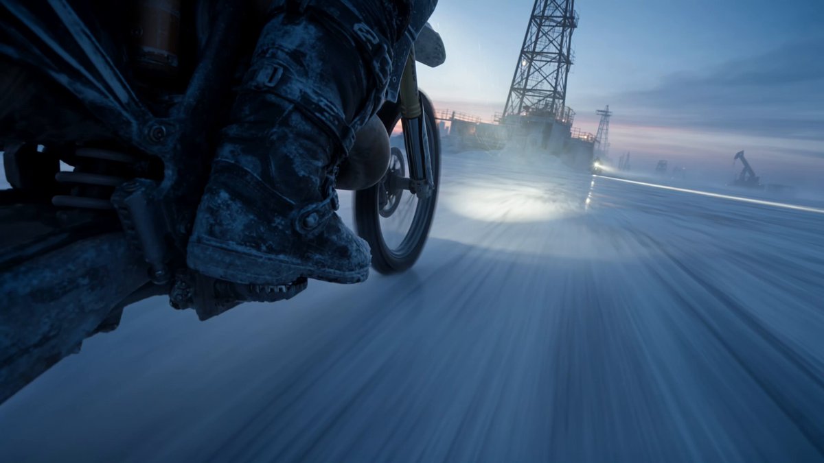 Arctic motorcycle ice racer, multi-shot cinematic video