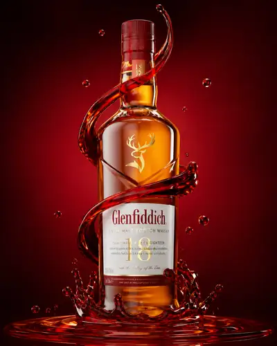 Commercial bottle render wrapped in glossy spiraling liquid