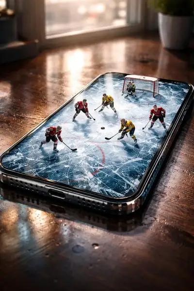 Cracked-screen smartphone hockey rink surreal poster