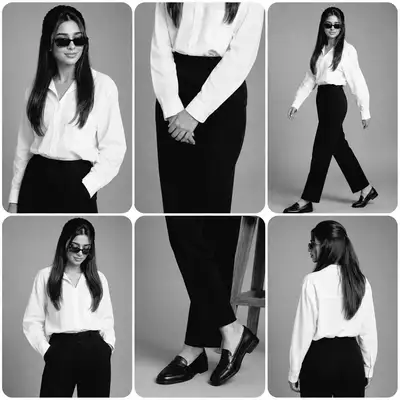 Black-and-white six-panel fashion editorial collage template