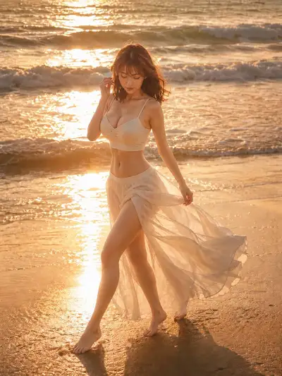 Prompt für ein Modeporträt am Sonnenuntergangsstrand