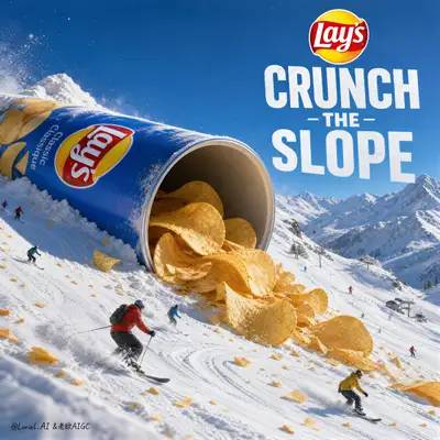 Giant Lay's canister as a snowy ski slope - cinematic ad poster