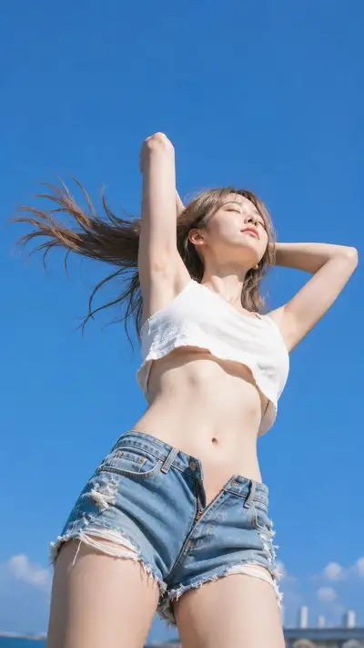 Fashion Photo: Woman Stretching Under Blue Sky