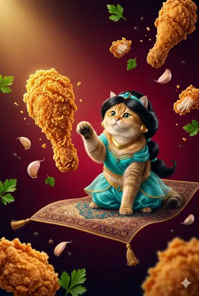 Golden British Shorthair Cat on Magic Carpet Ad Poster
