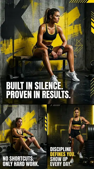 Black and yellow fitness triptych poster prompt