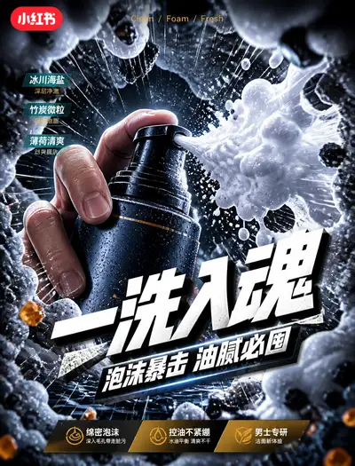 Fisheye Product Ad Cover for a Men's Cleansing Foam