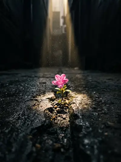 Cinematic macro shot of a flower in a dark alley beam of light