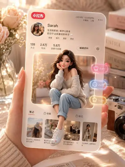 3D floating profile card scene with Pixar-style aesthetic
