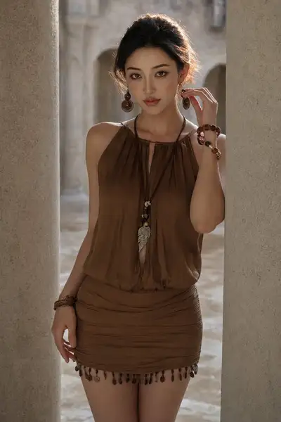 Cinematic Fashion Portrait of Young Woman in Ancient Mediterranean Cloister