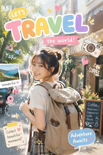 Kawaii sticker-decorated travel photo with a backpack