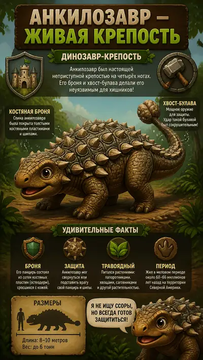 Cute Pixar style ankylosaurus living fortress infographic