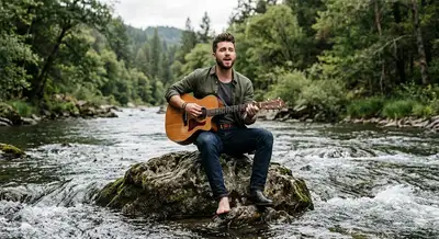 Man Playing Guitar on River Rock