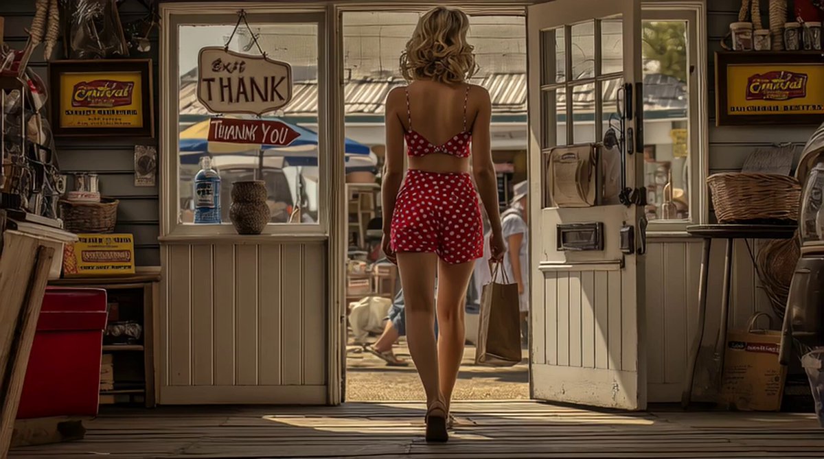 Small-town threshold scene, Exit Through the Screen Door, Midjourney