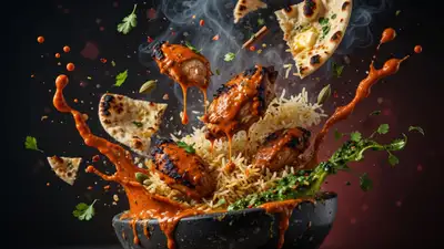 Butter chicken hero shot with dramatic upward food explosion