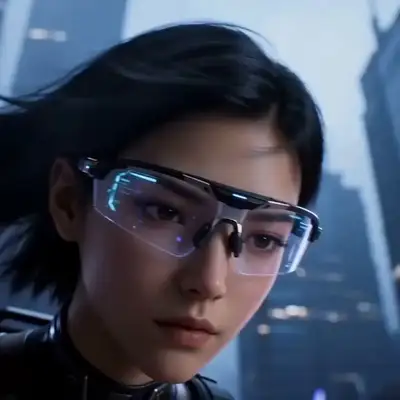 Cyberpunk Suit Assembly Close-Up on Woman with Glasses
