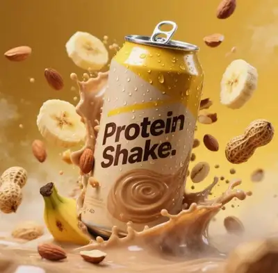Protein Shake Splash Advertisement With Floating Fruit