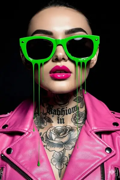Hyper-Stylized Fashion Portrait with Melting Neon Sunglasses