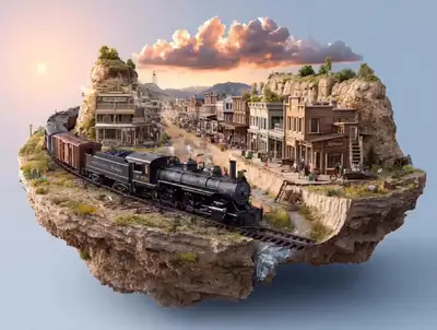 Cidade do velho oeste em 3D com trem a vapor - Diorama fotorrealista