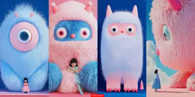 Cute Fluffy Monster with Little Girl