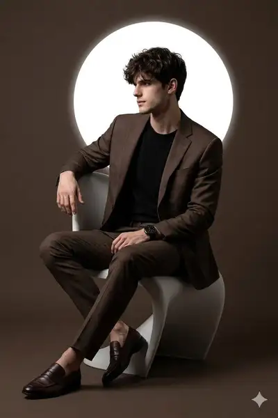Cinematic studio portrait of a man in a brown suit on a futuristic chair