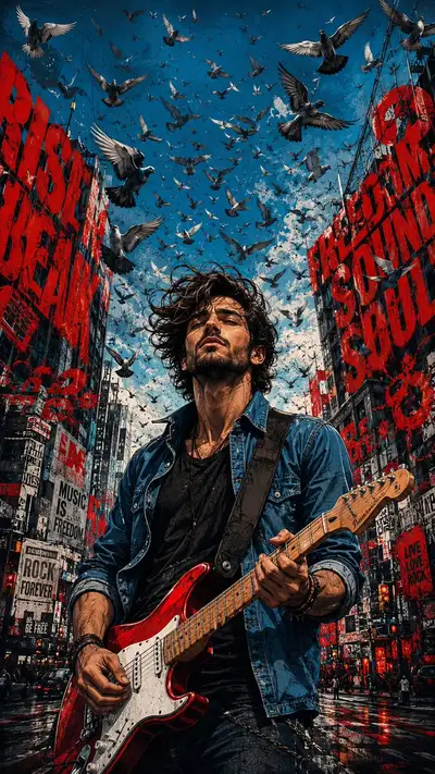 Póster musical cinematográfico de un guitarrista de rock con palomas y tipografía gigante