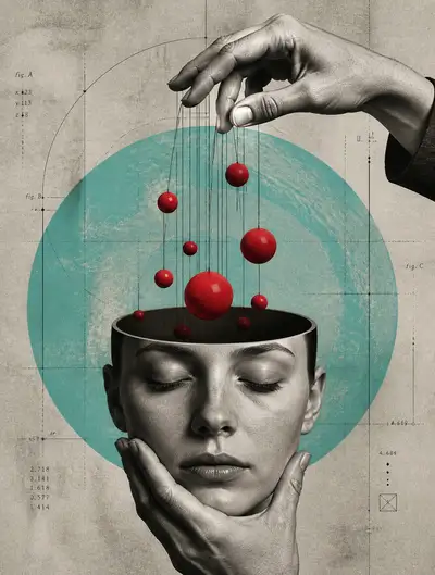 Collage surrealista de cabeza separada con esferas flotantes