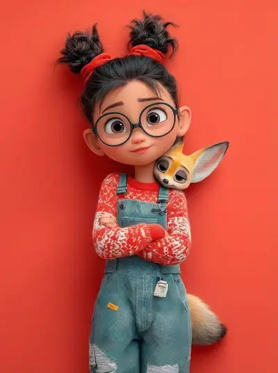 3D Pixar-style girl portrait with a fennec fox