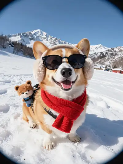Corgi selfie in the snow with fisheye lens and plush backpack buddy