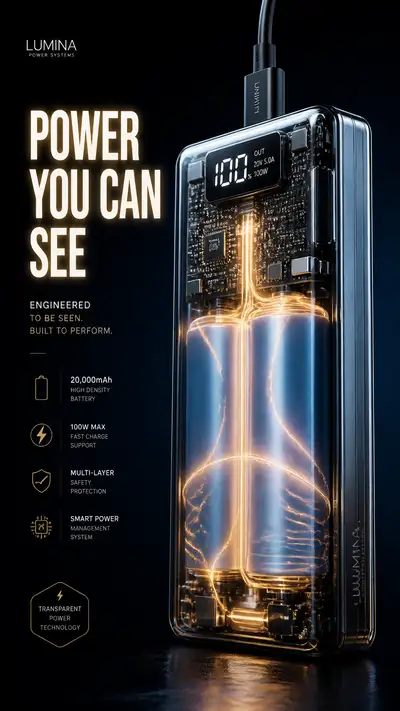 Power bank ad with glowing internal energy visualization