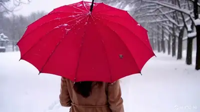 Woman with Red Umbrella in Snow