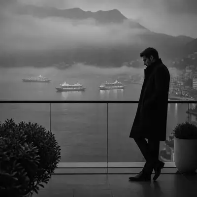 Retrato noir en blanco y negro en balcón con vista a la bahía