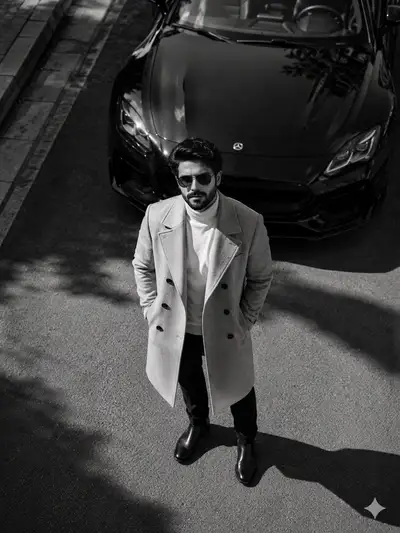 Aerial black and white luxury menswear portrait with sports car