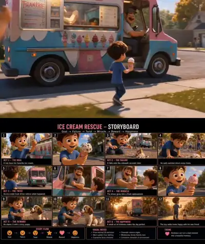 Ice Cream Rescue: Pixar-Style Animated Short Film Prompt