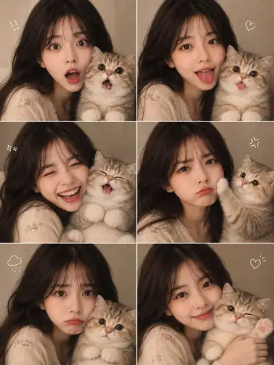 Prompt de collage de selfies mignon : femme avec un chaton pelucheux, 6 vignettes