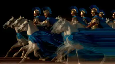 Roman parade with blue-teal banners