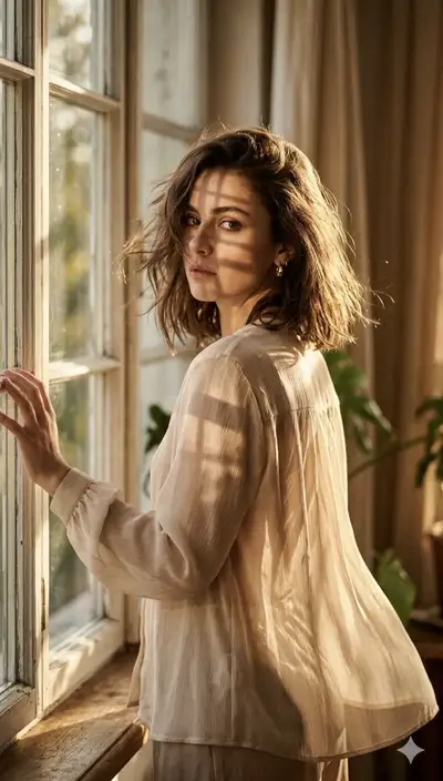Golden hour window fashion editorial portrait
