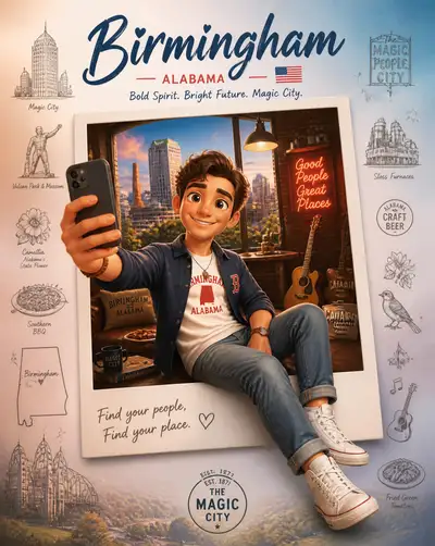Pixar-style pop-out Polaroid travel poster template