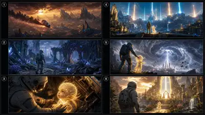 Six-frame cinematic storyboard from any short story
